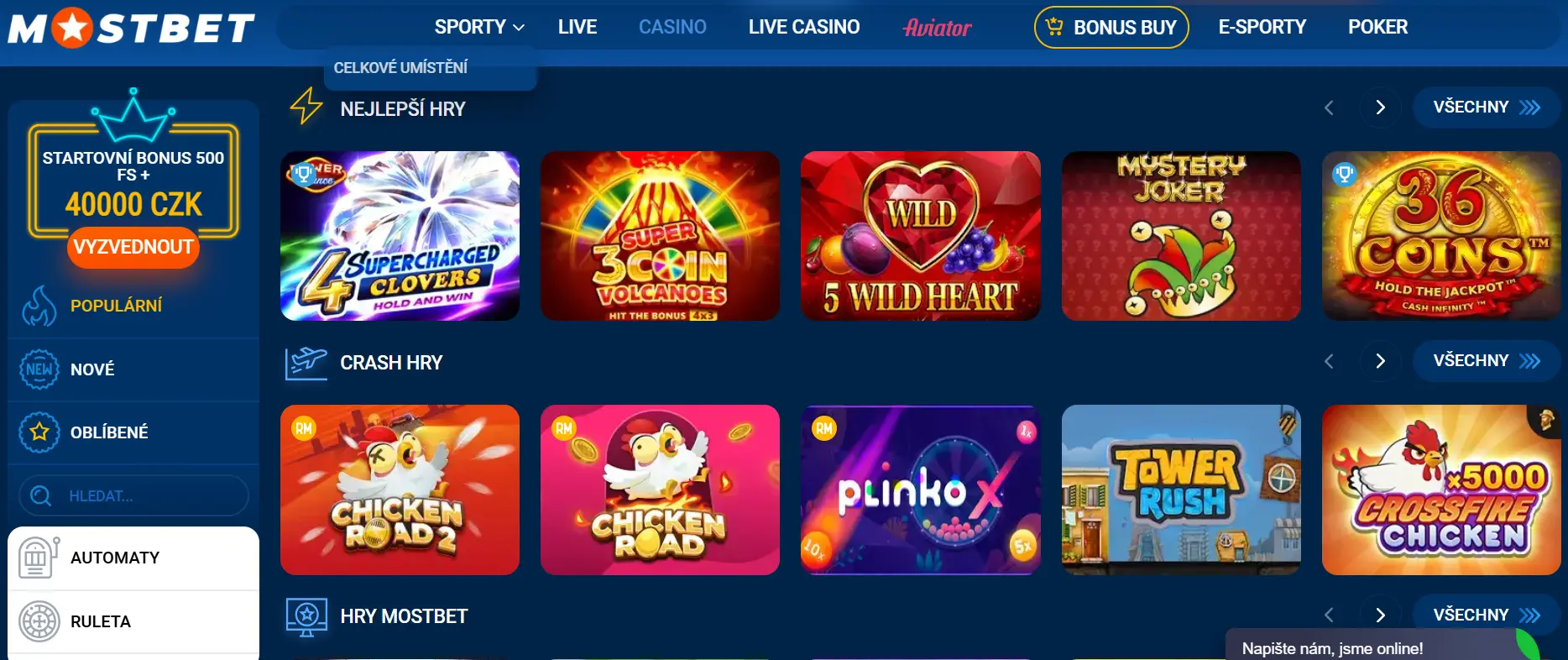 Hlavní menu Mostbet se sekcemi Sporty, Live, Casino, Live Casino, Aviator, Bonus Buy, E-sporty a Poker